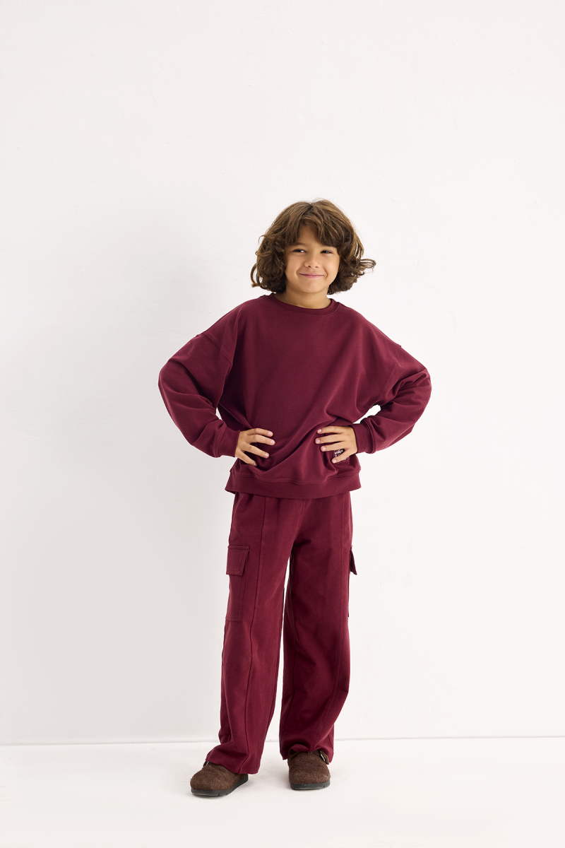 Bordo Oversize Nakışlı Sweatshirt - 1