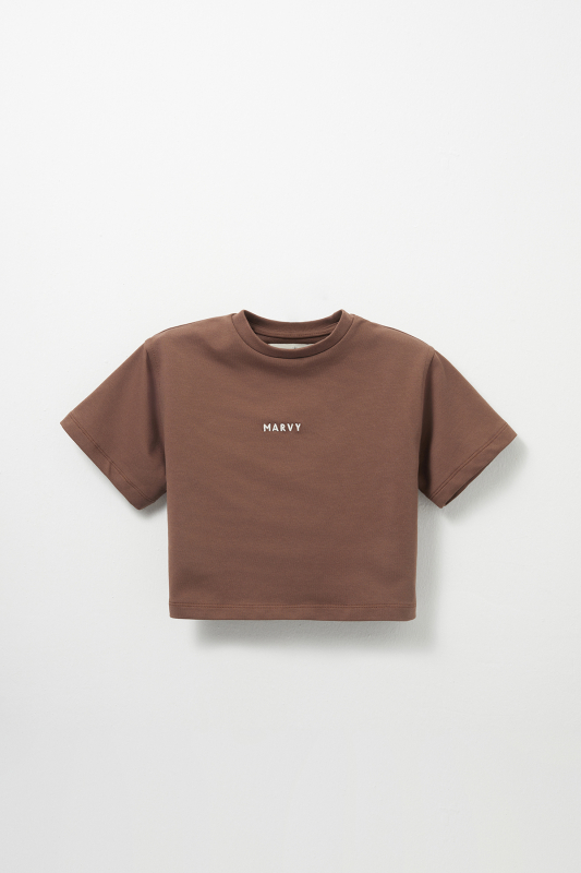 Brown Embroidery Detailed Lightweight Short Cut T-shirt 