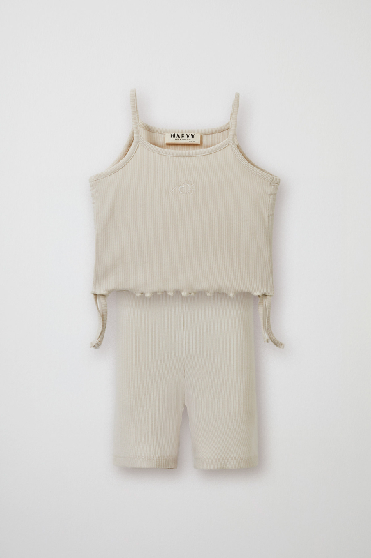 Ecru Ribbed Strap Blouse - Mini Shorts 