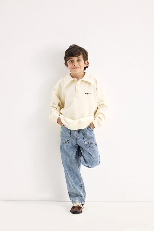 Ekru Nakış Detaylı Reglan Kol Sweatshirt - MARVY