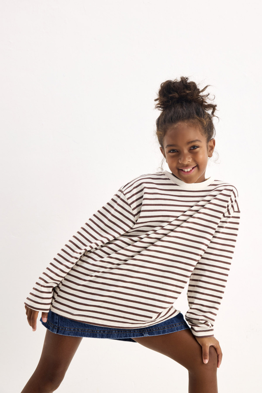 Kahve Çizgili Uzun Kollu Tshirt - Marvy Kids
