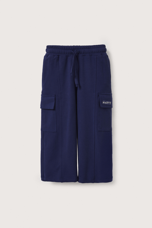 Navy Blue Cargo Pocket Embroidered Trousers - Marvy Kids