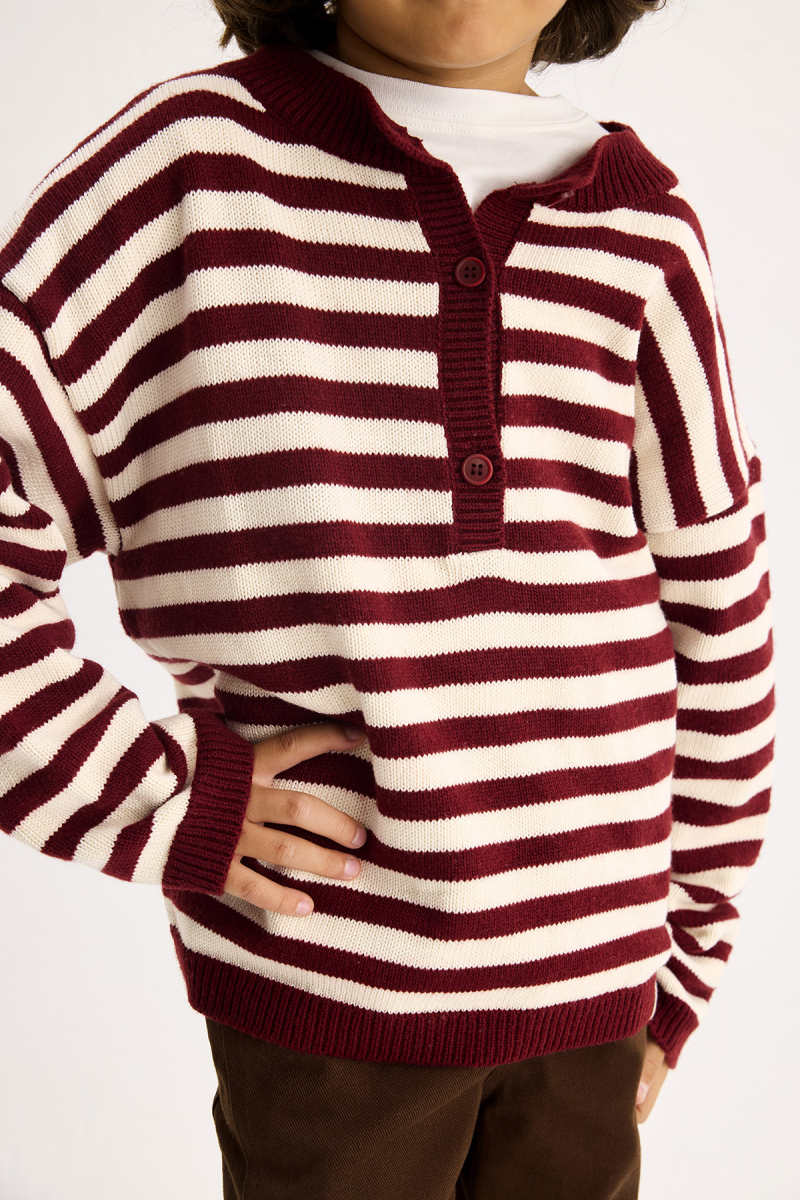 Striped Wool Sweater Burgundy-Ecru - 2