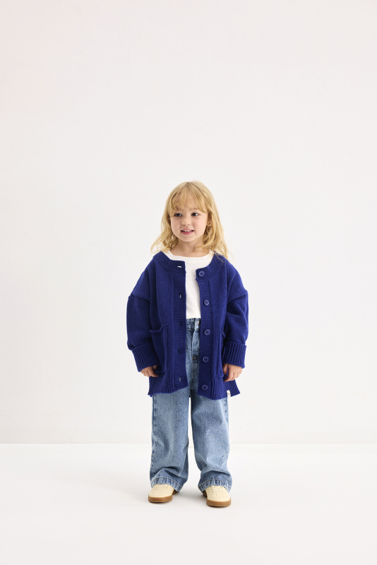 Yünlü Oversize Triko Hırka Mavi - Marvy Kids